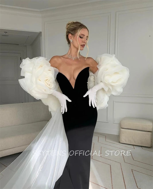 Black Evening Dresses for Women Customized Luxury White 3D Flower Jacket Formal Occasion Dress Floor Israel Long Prom Gowns Badiee Stylez