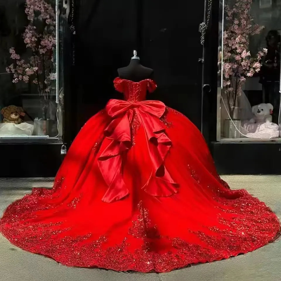 ANGELSBRIDEP Glittering Red Quinceanera Dresses With Bow Luxury Beading Lace Vestidos De 15 Anos Birthday Party Princess Prom Badiee Stylez