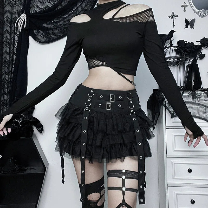 Y2K Street Dark Devil Cloth Strip Pleated Skirt Metallic Buckling Lace Layer Cake Short Skirt Women‘s High-end Design Sex Skirt
