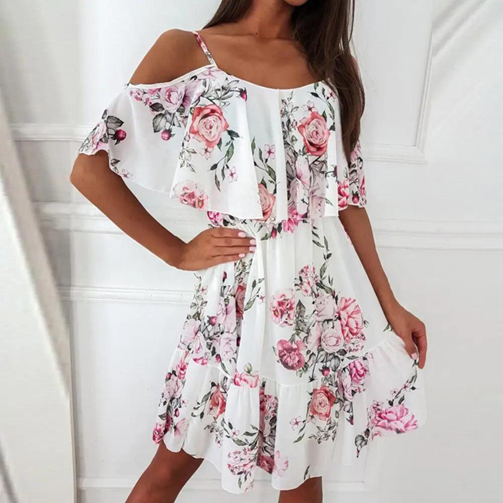 Trendy Mini Dress Flower Print Flounce Edge Colorful Above Knee Short Sleeve Women Dress Female Dress Spaghetti Strap White