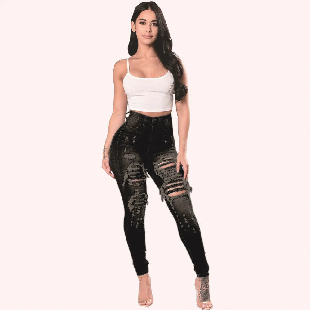 2023 Autumn High Waist Ripped Jeans For Women Fashion Stretch Skinny Denim Pencil Pants Casual Slim Trousers S-3XL black