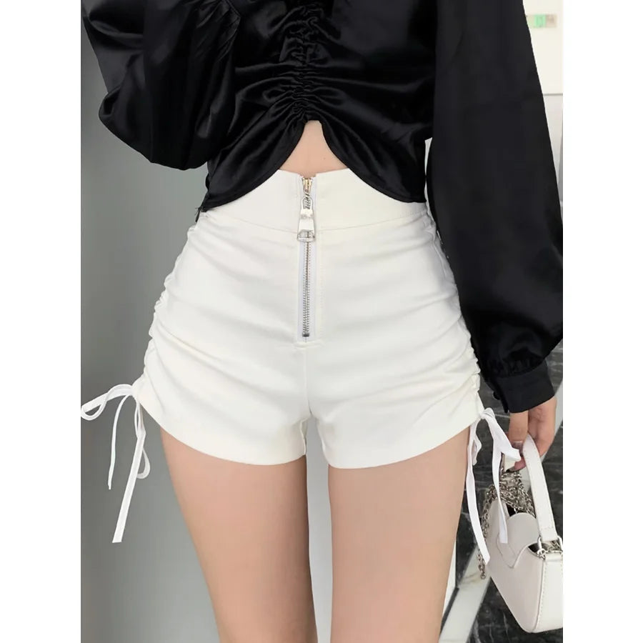 High Waist Shirring Black Bodycon Shorts Female Summer All-match Pleated Elasticity Elastic Waist Straight Women Slim Trousers White