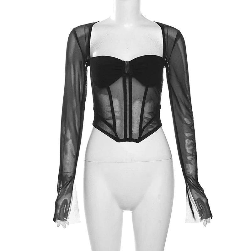 Xingqing Sexy Crop Tops Women Solid Color Sheer See Through Square Neck Long Sleeve Fishbone Corset T Shirts Ladies Clothing