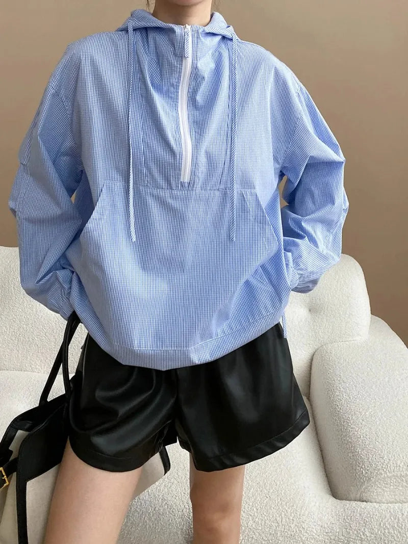 Plaid Shirt Women Fall Japanese Blue Striped Hooded Overshirt Y2K Casual Long Sleeve Pullover Blouse Loose Fit Streetwear Coat