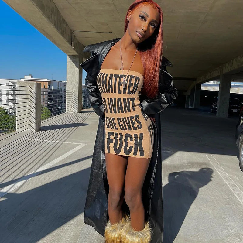 Women's Summer Sexy Party Strapless Bodycon Slim Fitting Dress With Strap Fitting Sexy Sleeveless Dress Alphabet graphic printin Khaki