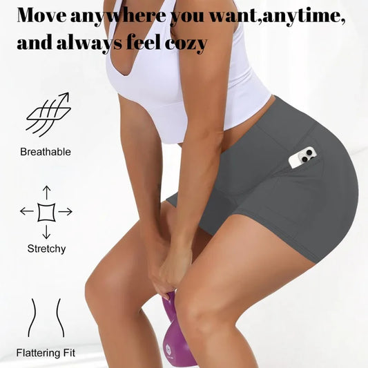 Plus Size Fit Yoga Shorts for Women's High Waist Side Pocket Workout Running Tight Stretchy Athletic Summer Fashion Slim Shorts