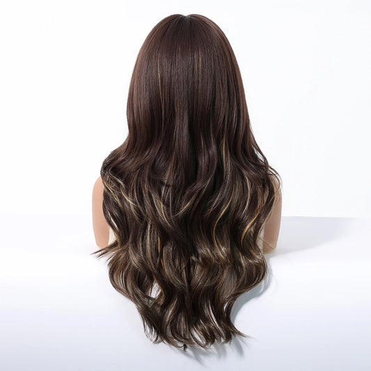 Brown Blonde Highlights Wigs Medium Length Wavy Synthetic Wig With Bangs Natural Body Wave Hair For Women Daily High Temperature