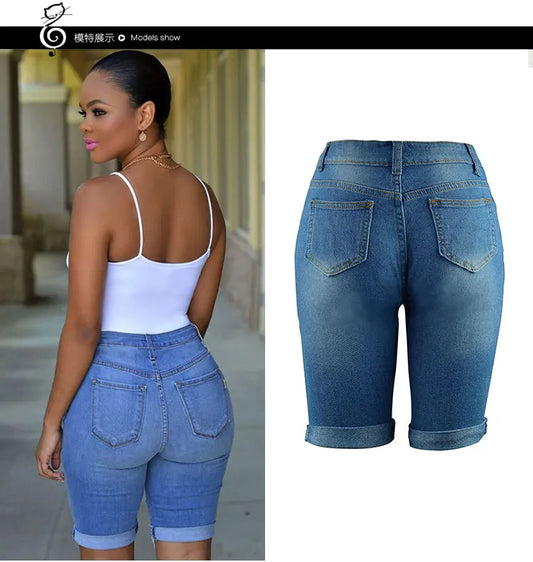 Summer New Fashion Women's American Washed Blue Solid Color High Waist Hole Patched Denim Shorts Skinny Jeans Shorts Female
