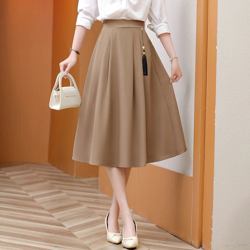 2024 New Solid Color Fringe Skirt Summer Classic Clothing Women's Loose Plus Size Skirt New Street Elegance Calf Belly Skirt Khaki