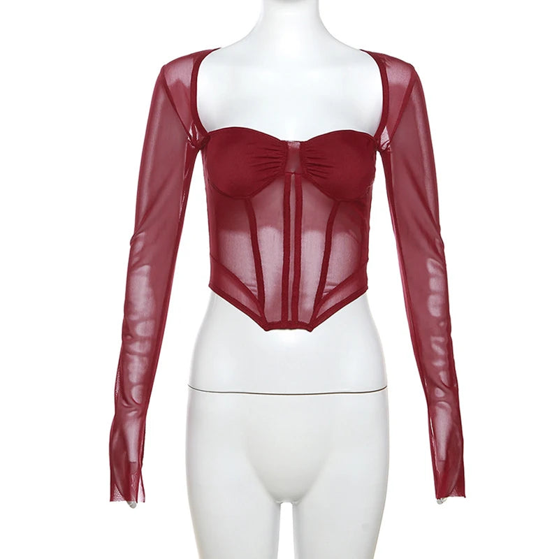 Xingqing Sexy Crop Tops Women Solid Color Sheer See Through Square Neck Long Sleeve Fishbone Corset T Shirts Ladies Clothing
