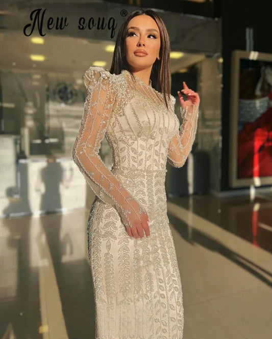 Light Champagne High Neck Pearls Evening Dress Long Sleeve Formal Dinner Party Gowns For Women Wedding Arabic 2025 Customized Badiee Stylez