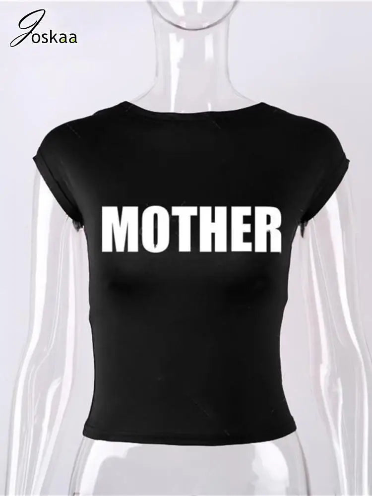 Joskaa Letter Printed Y2K T-Shirts Women Hipster Sexy O-Neck Short Sleeve Slim Crop Tops 2025 Summer Graphic Tees Streetwear