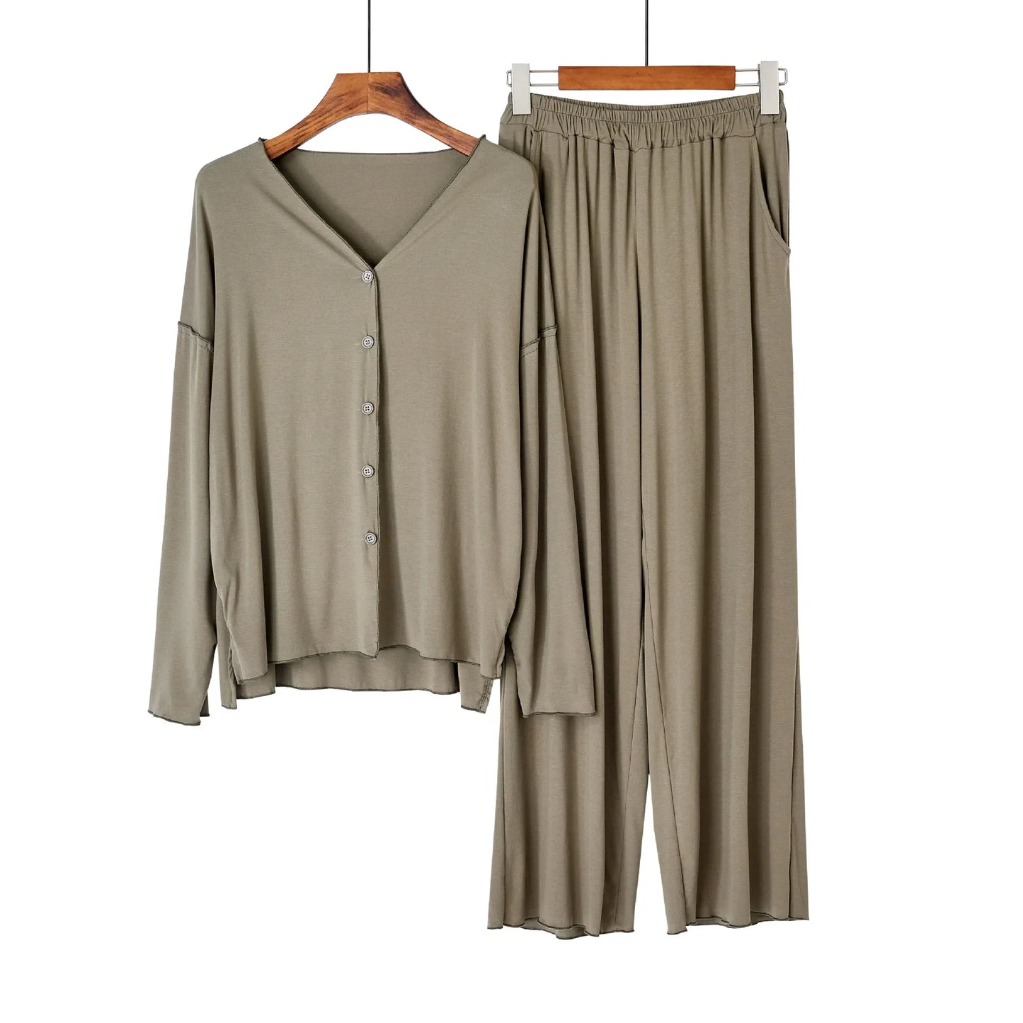 Japanese new style cotton pajamas suit ladies spring and autumn cardigan solid color long-sleeved trousers home service suit Olive green One Size
