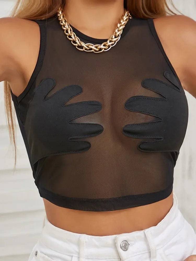 Fashion Round Neck Sleeveless Y2k Top Sexy Net Yarn Slightly Sheer Women Clothing High Stretch Embroidery Streetwear Crop Top