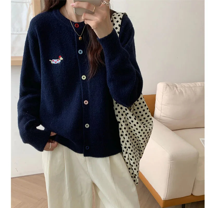 Women Knitwear Chic Embroidery Loose Casual Cardigan Autumn Winter Soft Elegant O-neck Sweaters Commute Basic Knitted Tops Navy Blue