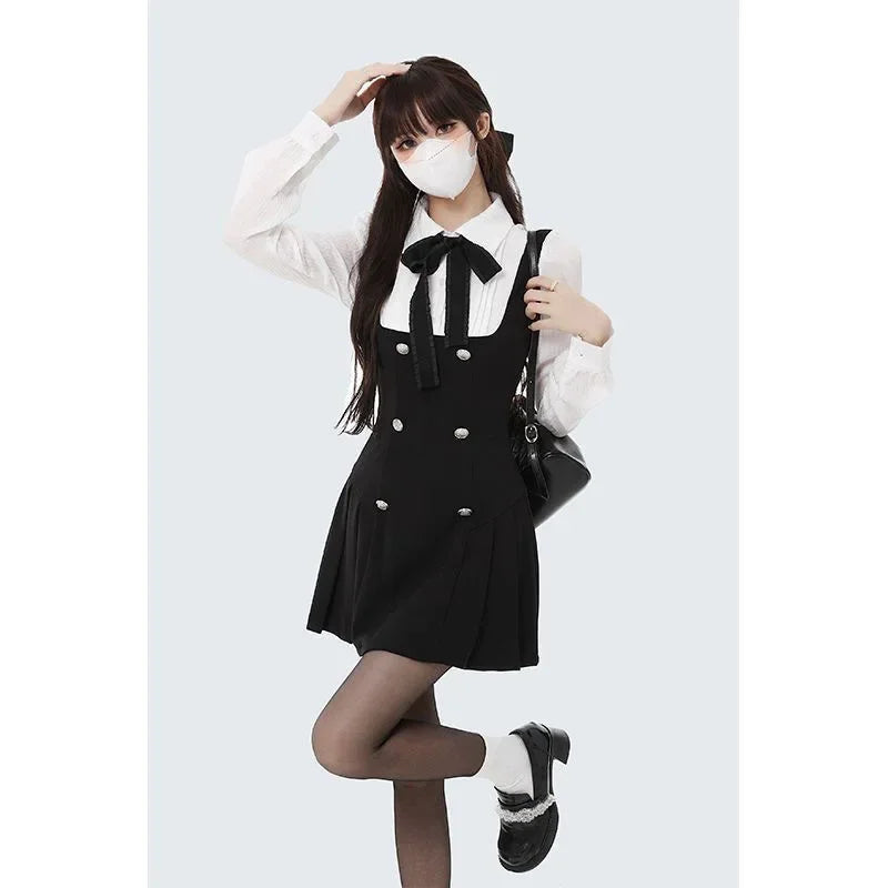 French Style Long Sleeve Mini Dress Women's Autumn Winter Slimming Design A- Line Skirt Polyester Fiber Polo Collar Empire Waist Badiee Stylez