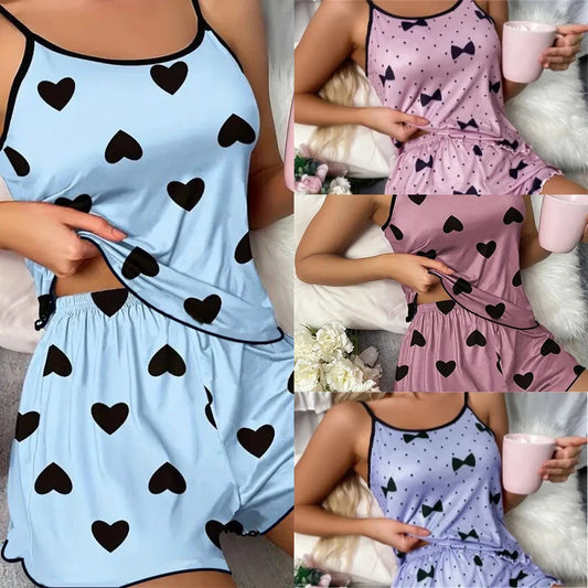 Women's Pajama Set Pajamas T-Shirts Shorts Pink Heart-Shaped Print Round Neck T-Shirt Ice Silk Top Comfortable Casual Summer 