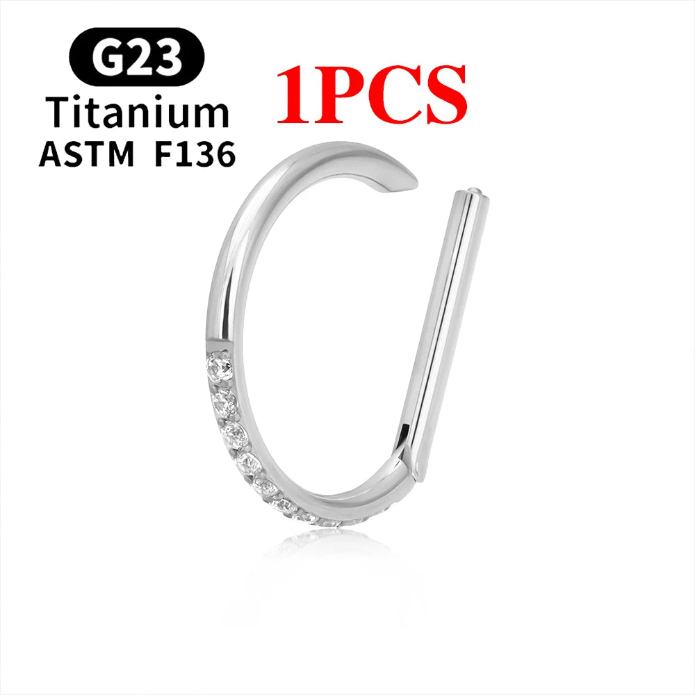1/10PCS F136 G23 Titanium Piercing Nose Ring D Shape Hinged Segment CZ 16G Clicke Cartilage Tragus Helix Earrings Body Jewelry 1PCS Silver Color 1 CHINA