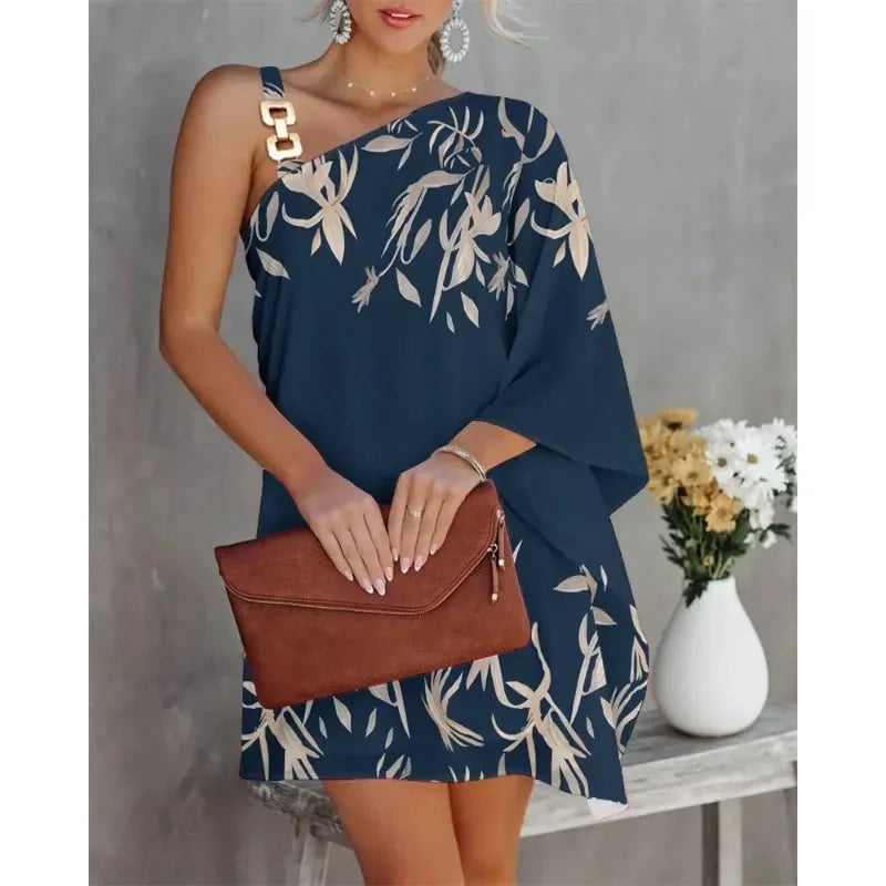 Summer Commuter Women's S-2XL size Dress One Line Diagonal Neck Off Shoulder Solid Color and PrintedMetal Strap Bat Sleeve Navy Blue