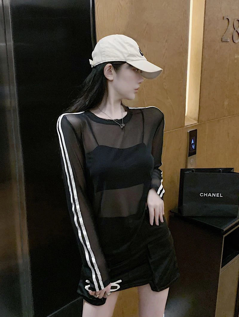 Y2K Sheer Sun-Proof Shirts Women Striped Long Sleeve T Shirts Streetwear See Through Mesh Blouses Korean Sun Protection Tops New