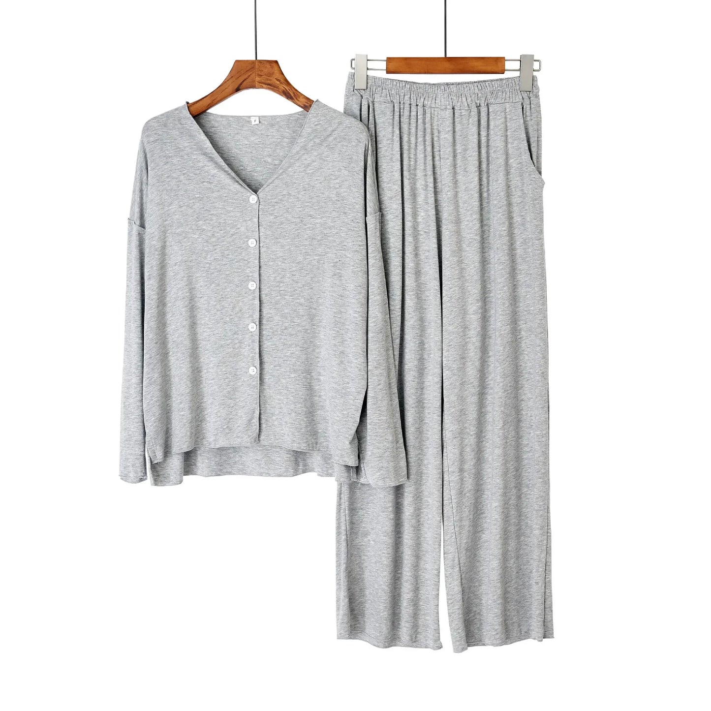 Japanese new style cotton pajamas suit ladies spring and autumn cardigan solid color long-sleeved trousers home service suit light gray One Size