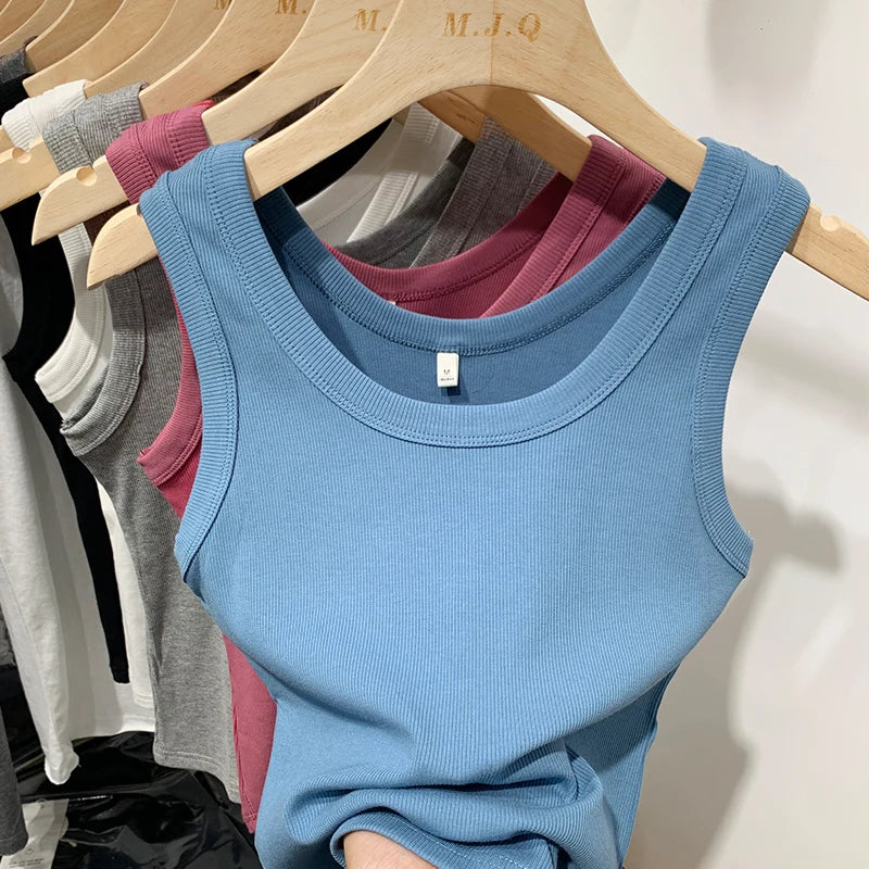 2025 Summer Women Sleeveless Tank Tops Fashion Crop Top O-neck Fitness Knitted Ribbed Vest Female Solid Camis Cropped Streetwear