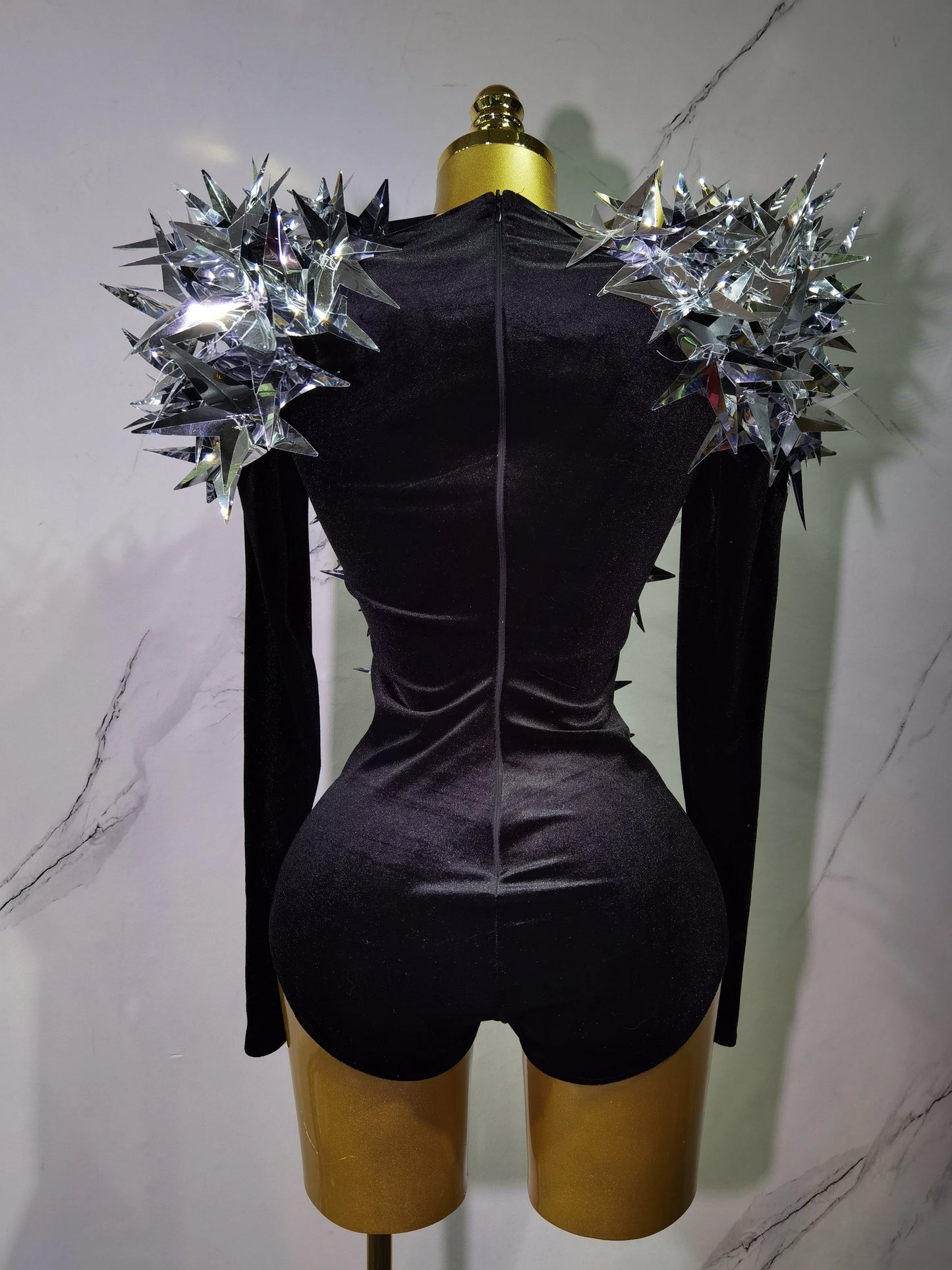 2025 New Shiny Black Rhinestone Velvet Long Sleeve Bodysuit Women Evening Party Club Gala Hosts NightClub Bar Stage Costumes