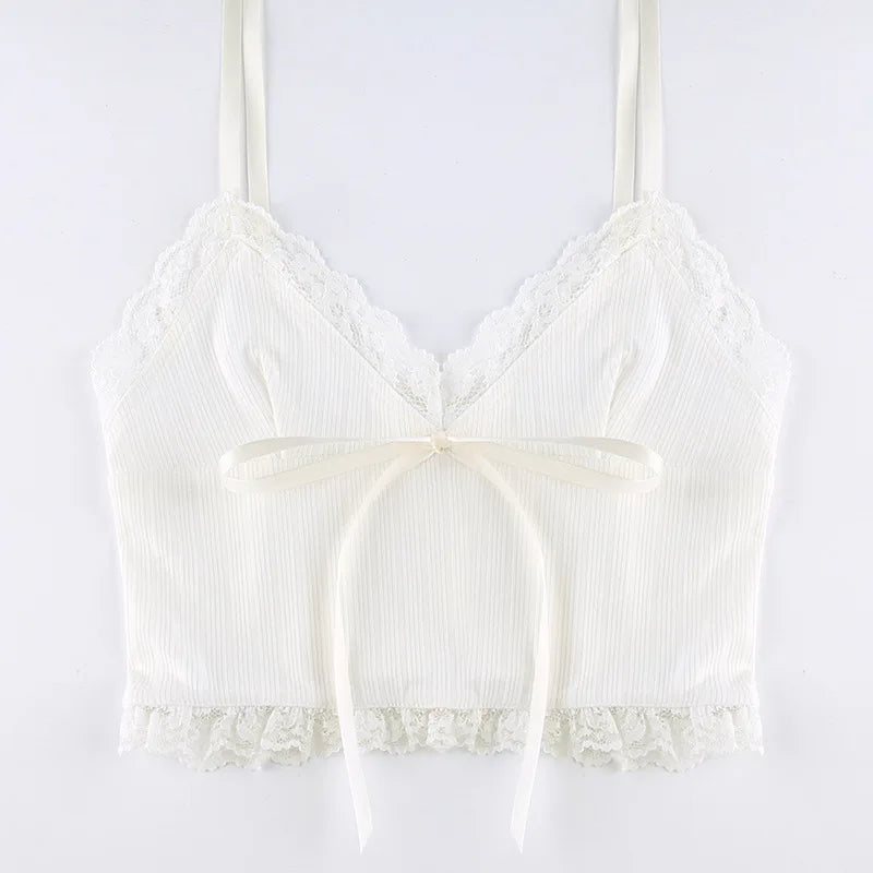Lace Trim Crop Top Aesthetic White Bow Cute Sweet Mini Vest Knitted Basic Casual Tee Women Summer Backless Beach