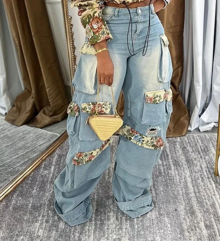 BWQ Washed Denim Women's Set Full Sleeve Floral Jacket and Pockets Cargo Jeans Pants Suit 2025 Street Two 2 Piece Set Outfit Pants