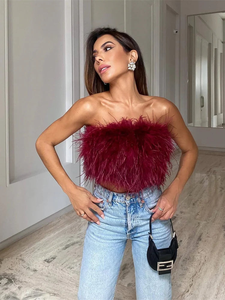 WESAYNB Wholesale Clothing Summer y2k Clothes Sexy Corset Tops Feather Strapless White Crop Tops Women 2022 Backless Design Top