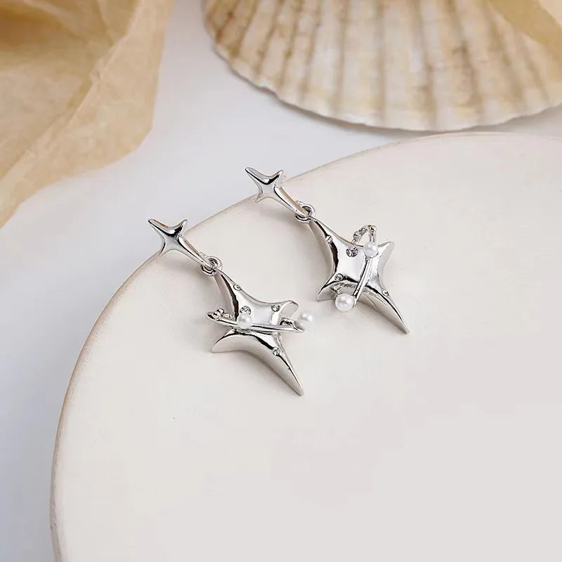 Korean Star Drop Earrings Hot Girl Fashion Planet Imitation Pearl Crystal Stars Unusual Earring for Women Punk Y2K Jewelry Party
