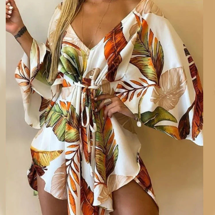 Sexy Women Mini Dress Floral Print V Neck 3/4 Bat Sleeve Lace Up Irregular Hem Casual Loose Beach Cover Up Dress Vestido Mujer Red green leaf