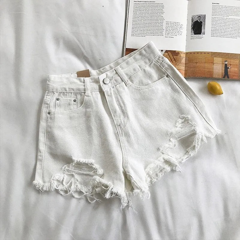 Korean Denim Shorts Women Summer Fashion Casual High Waist Ripped Jeans Pocket Tassel Y2K Hot Pants Streetwear Blue Trousers WHITE