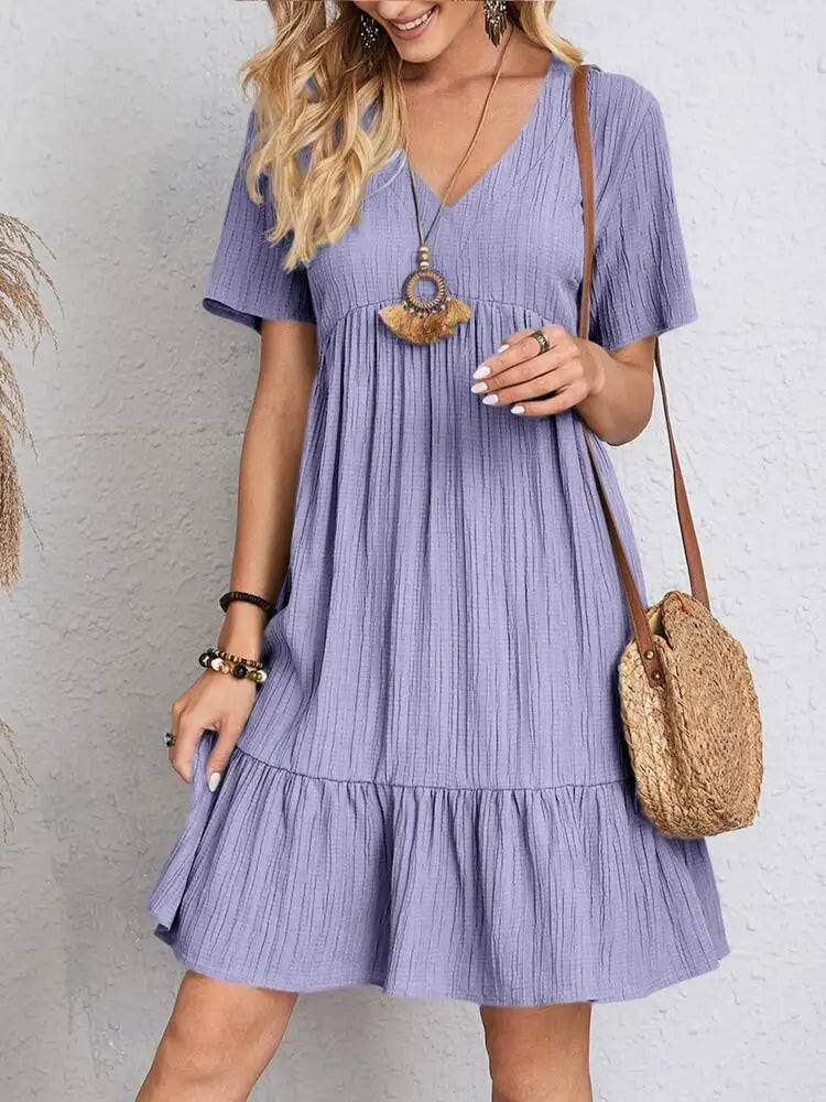 Women Elegant Short Sleeve V Neck Ruffles Dress Summer Casual Solid Loose Mini Dress Chic Bohemian Sundress Beach Party Vestidos Badiee Stylez