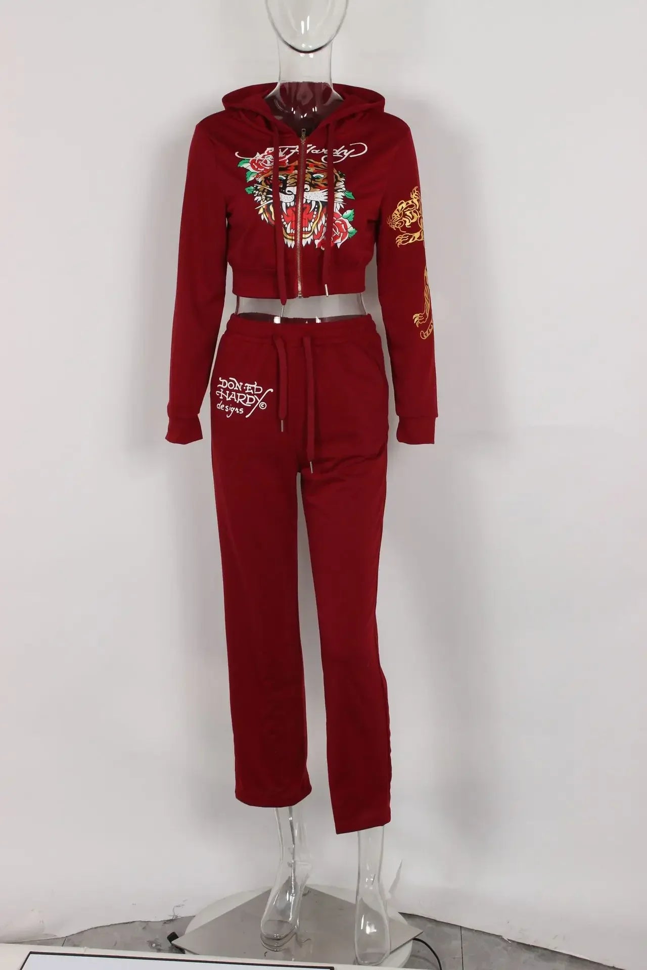 Bangniweigou Skull Love Print Zipper Short Cardigan + High Waist Straight Leg Pants Two Piece Set Women Tracksuit Autumn Winter Burgundy