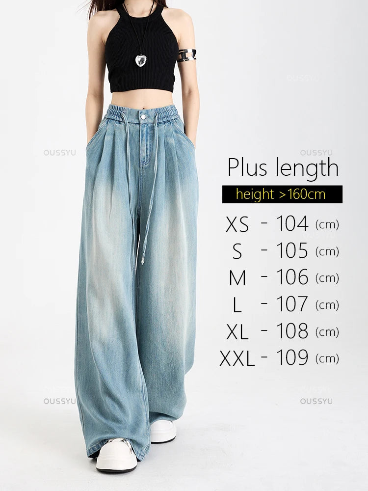 Summer Luxury Soft Cozy 100%Lyocell Fabric Woman Jeans Loose Wide Leg Elastic Waist Pants Fashion Casual Trousers Plus Length Blue-plus length CHINA