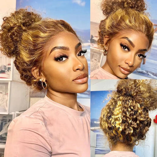 Water Wave 30 Inch Invisible Strap 360 Full Lace Front Wig Honey Blonde Highlight Deep Wave Frontal Wig Glueless Wig Human Hair