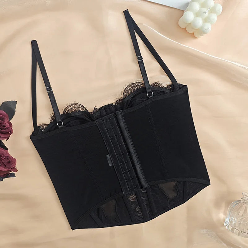 Women Lace Bustier Top Sexy Sheer Mesh See Through Spaghetti Strap Slim Camisole Y2K Going Out Night Club Party Corset Top