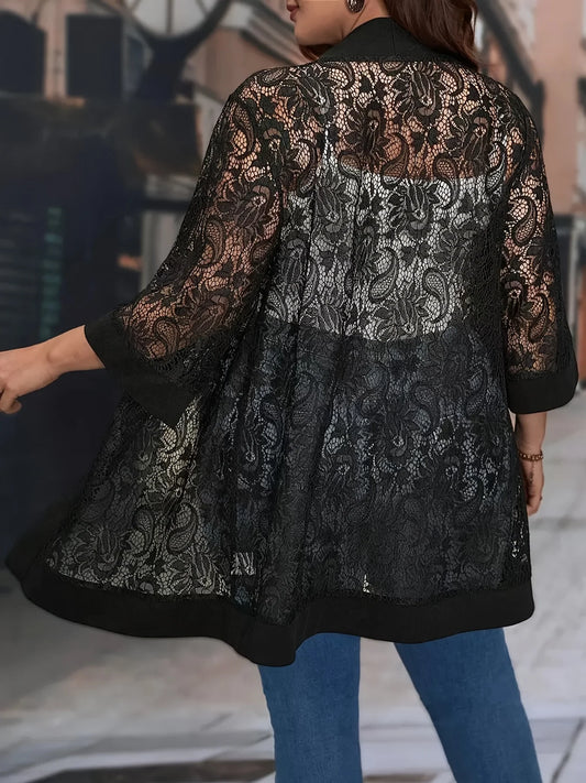 Plus Size Lace Jacket for Women Black Floral Pattern Casual Style Medium Stretch Fabric All Seasons Floral Pattern Cardigan