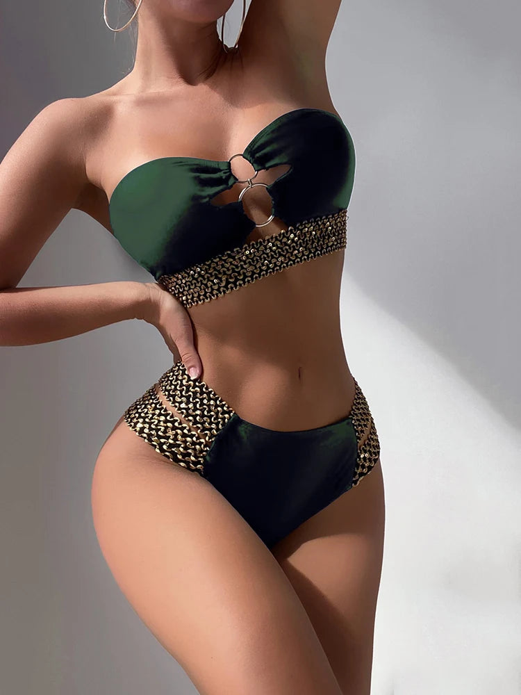 2023 Sexy Strapless Bikini Bandeau Swimwear Women Swimsuit Female Flash Belt Bikini Set Two Pieces Bathing Suit Beachwear Bather Dark Green