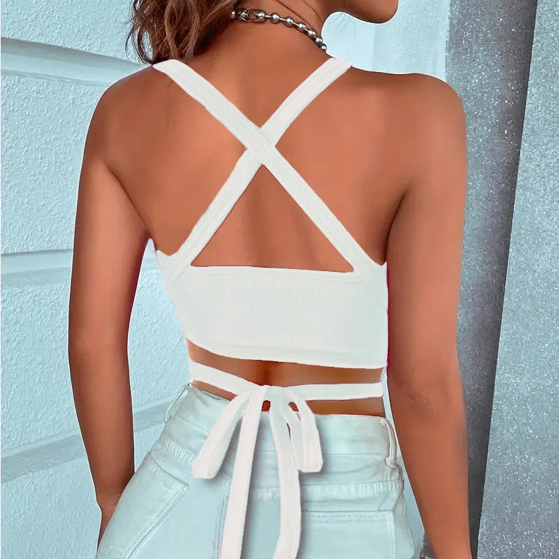 Y2k Women Summer Tank Tops Sexy Solid Color Backless Cross Bandage Crop Tops High Street Wear 2024 Fashion Wine Red Camis Corset