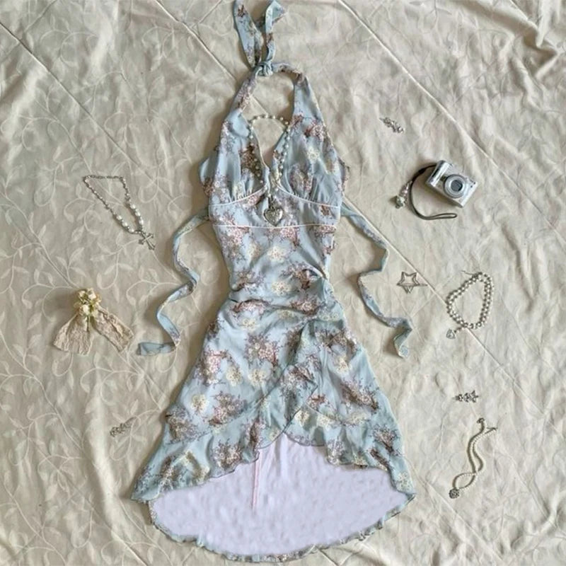 Casual Women's Dress Summer Streetwear Bow cute Lace Grunge vintage Harajuku Emo Girls Slim Sexy Fashion Women's suspender Skirt SKY BLUE