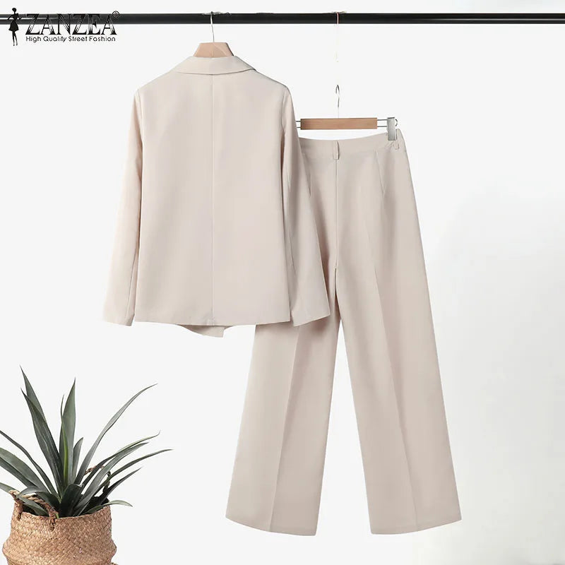 ZANZEA Korean Fashion Blazer Tops 2pcs Suits Autumn 2024 Solid Color Women Elegant Pant Sets Trousers Commute Blazer Suits