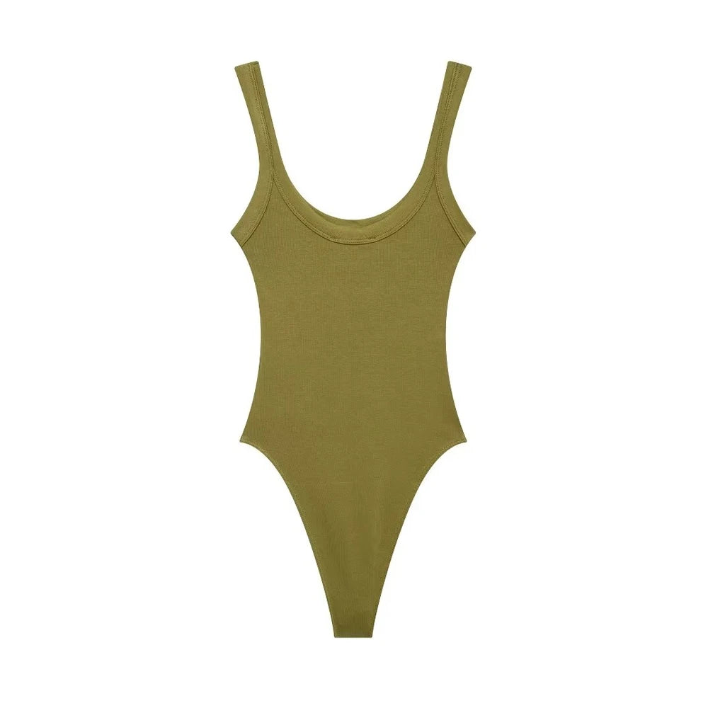 TRZA-Skinny Ribbed Bodysuits for Women, O Neck, Straps, Snap-Button, Female Playsuits, Sexy Fashion