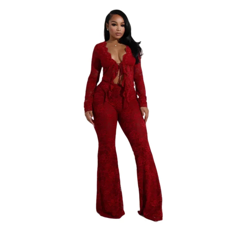 2025 Women's Set Long Sleeve Lace See Through Shirt + Long Pants Street Evening Sexy Two 2Piece Sets Outfits Tracksuit Red