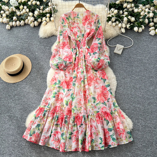 Chic vintage long sleeve lantern sleeve V-neck print pleated Elegant Fairy korean dress women clothing Long dress