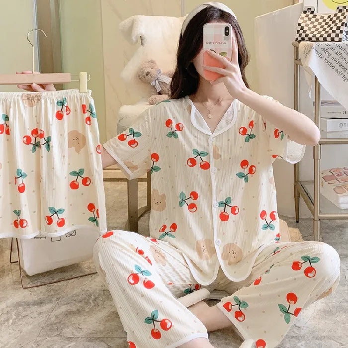 2023 New Ladies Three Piece Pajamas Women Printed Pajamas Home Sets Pajama Sets Cute Girls Homewear Red