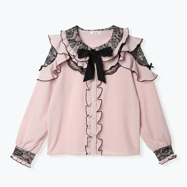 Japanese Kawaii Lolita Lace Patchwork Women Blouses 2025 Summer Harajuku Single Breasted Sweet Shirts Girly JK Bow Tops & Tees 42433