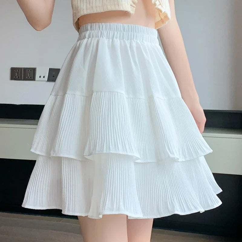 Casual Summer Ball Gown Pleated Skirts Women 2024 Korean Fashion Clothing Faldas Largas High Waist Black White A Line Mini Skirt White