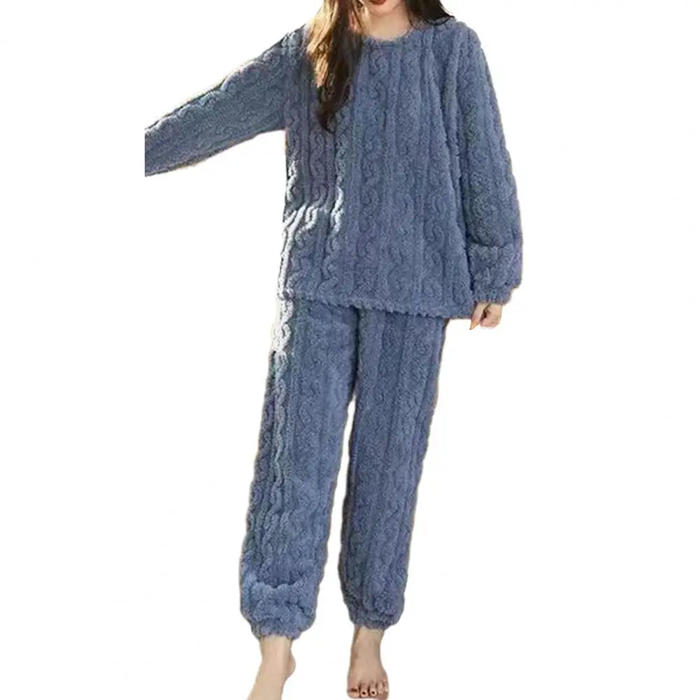 Women Warm 2 Piece Sets Thicken Soft Velvet Ribbed Fleece Set Pullover And Pants Casual Pajama Sets Women Autumn Winter 2023 SKY BLUE